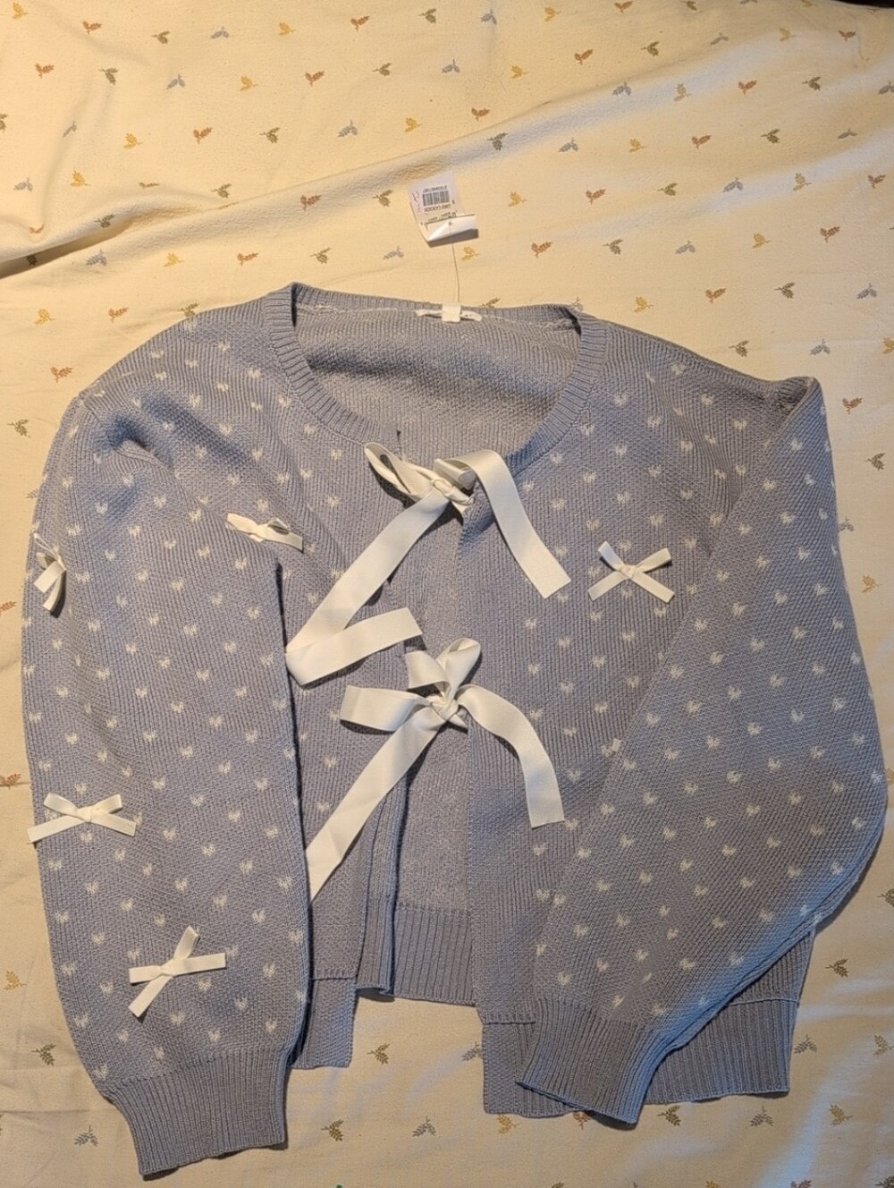 Dry Goods Light Blue Ribbon-Tie Knit Cardigan with White Hearts